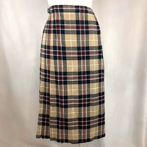 Vintage 80s Womens (28") Kilt Wool Plaid Skirt Tan Black Midi England Old Money